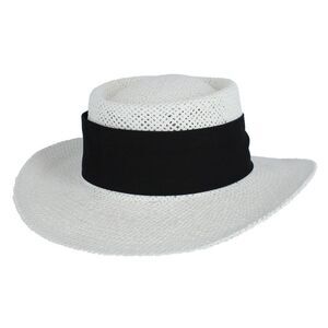 CTM Unisex White Straw Gambler Hat with Hatband